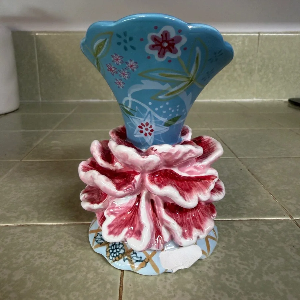 Tracy Porter Hand Painted Ceramic Flower Bud Vase Blue Pink Floral Cottagecore